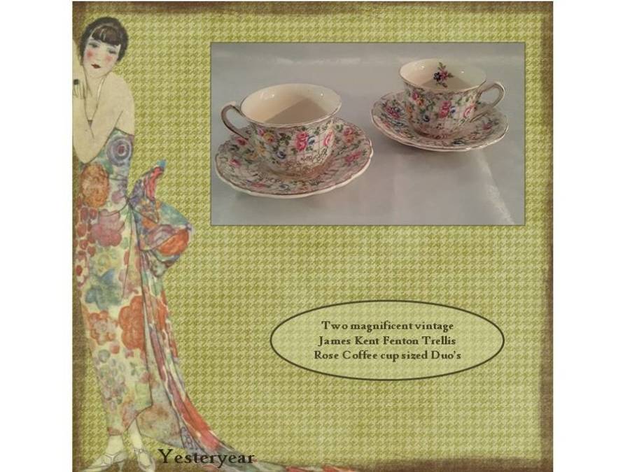 Two magnificent vintage James Kent Fenton Trellis Rose coffee cup sized duos