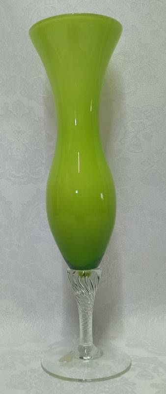 Beautiful 1950s Italian Green Twisted Stem Opaline Cased Glass Vase