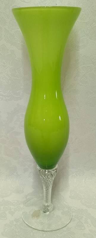 Beautiful 1950s Italian Green Twisted Stem Opaline Cased Glass Vase