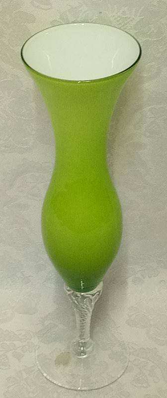 Beautiful 1950s Italian Green Twisted Stem Opaline Cased Glass Vase