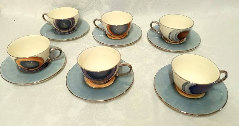 PotLIZ Hand Thrown, collectible ceramic pottery cups and saucers (six)