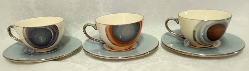 PotLIZ Hand Thrown, collectible ceramic pottery cups and saucers (six)