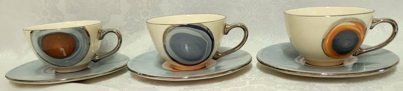 PotLIZ Hand Thrown, collectible ceramic pottery cups and saucers (six)