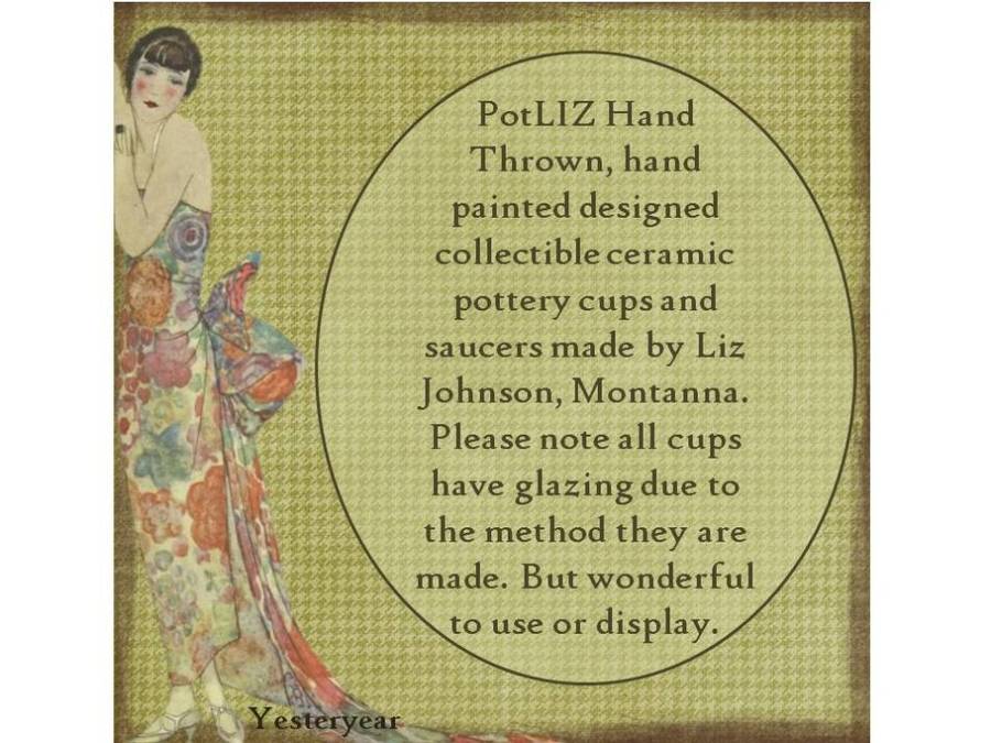 PotLIZ Hand Thrown, collectible ceramic pottery cups and saucers (six)
