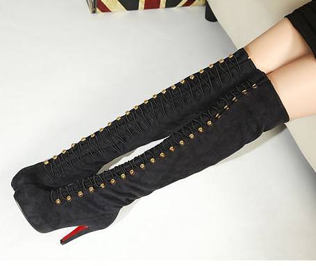 Lace Up High Heel Boots in Black Suede