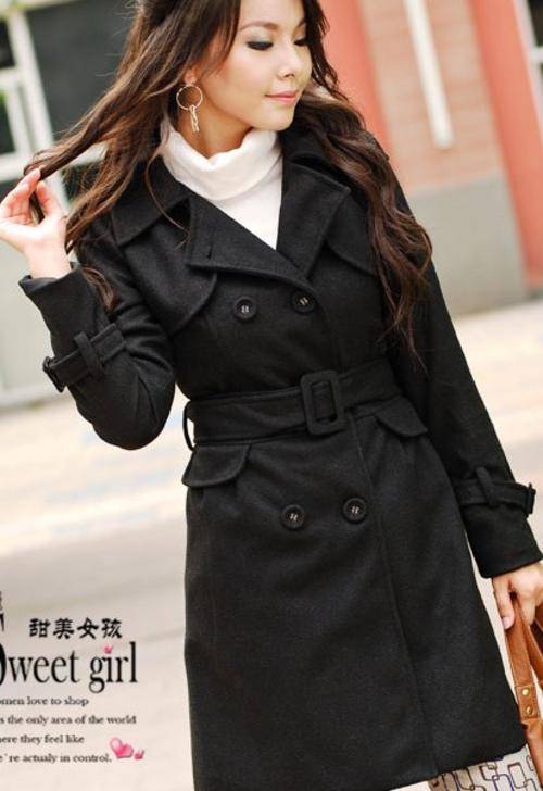 Cashmere Belted Double Breasted Black Coat Size S-M-L-XL