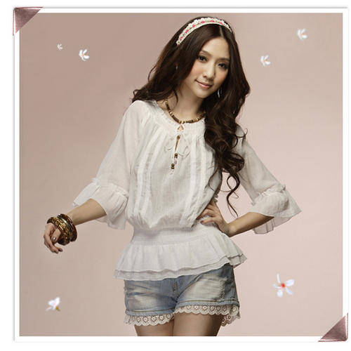 NEW!! Half Sleeve Lace-Trim Shirt White
