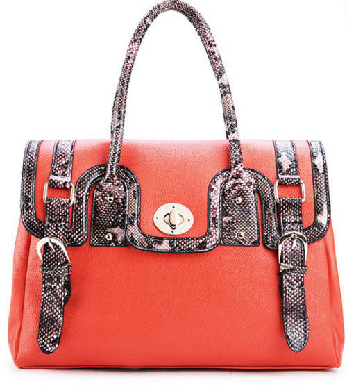 Elegant Large Handbag in Orange and Snakeskin