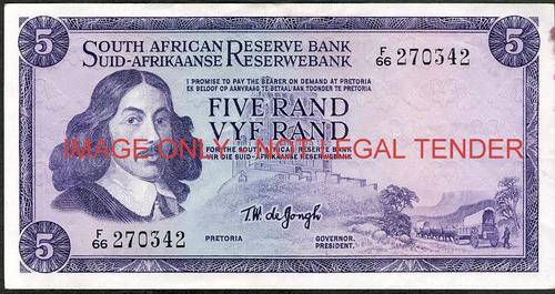 TW de Jongh First Issue Five Rand Prefix F66 vf condition