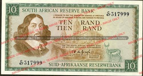 TW de Jongh First Issue Ten Rand Prefix C67 unc condition