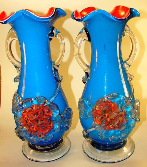 2 Stunning blue and orange Glass Vases-height 24cm-good condition