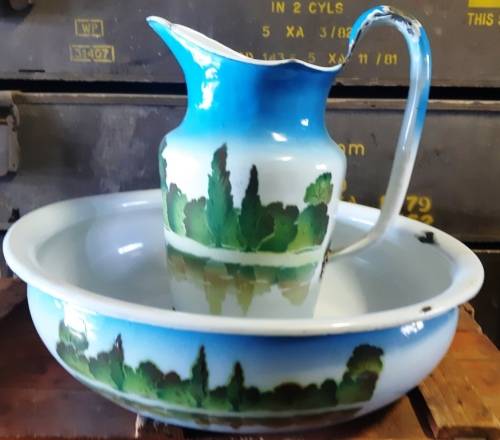 Beautiful 2 Piece vintage  Blue and green forest scene  Enamel  Set with pitcher and basin