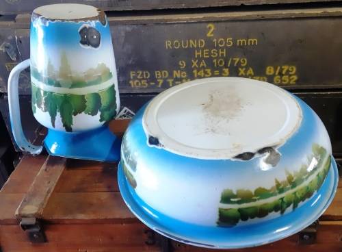 Beautiful 2 Piece vintage  Blue and green forest scene  Enamel  Set with pitcher and basin