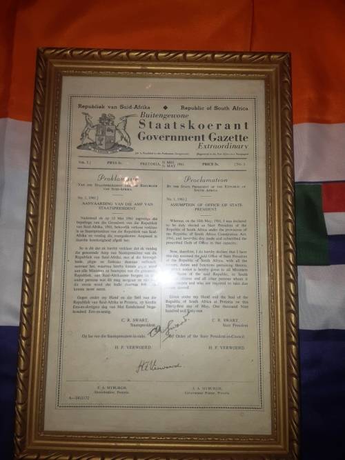 RSA history Gov Gazette Vol 1. 31-5-61 Originally signed Proclamation Assumption/Office of President