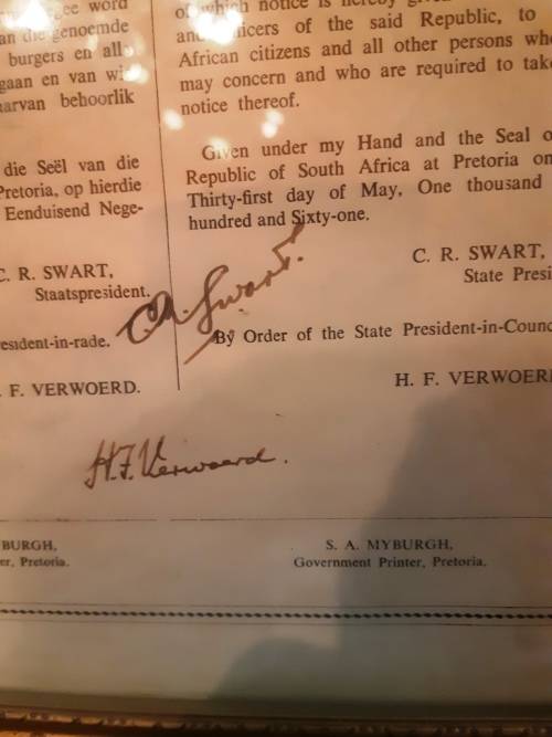 RSA history Gov Gazette Vol 1. 31-5-61 Originally signed Proclamation Assumption/Office of President