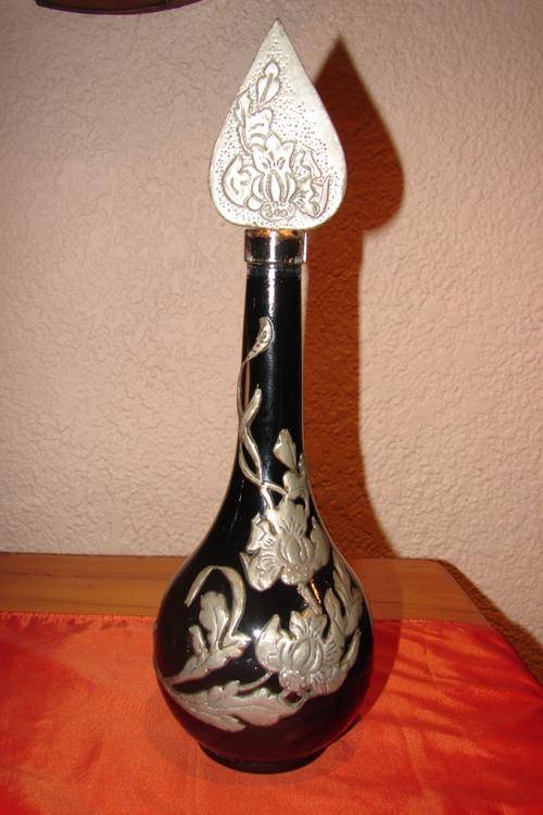Beautiful Glass bottle pewter decorated - height 37cm