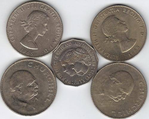 4X OLD CHURCHILL CROWNS AND DIANA COIN!!