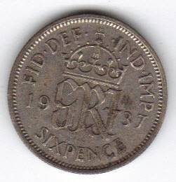 A VERY RARE SILVER 1937 BRITISH SIX PENCE  @ LOW PRICE!!!!