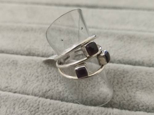Silver Triple Band Garnet Ring