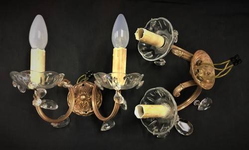 Pair of Vintage Brass Wall-mount Chandeliers with Crystal Trim