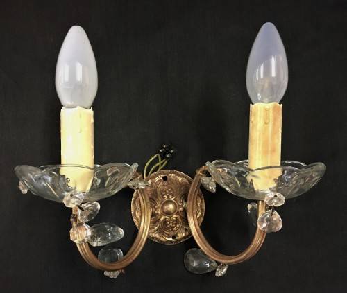 Pair of Vintage Brass Wall-mount Chandeliers with Crystal Trim