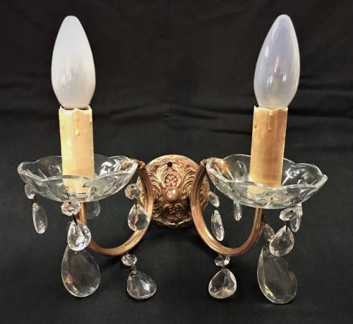 Pair of Vintage Brass Wall-mount Chandeliers with Crystal Trim