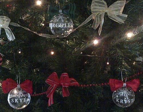 RED RIBBON, SILVER LETTER CHRISTMAS BAUBLE DECORATION