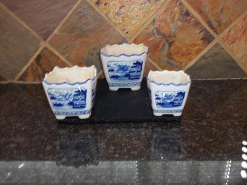 3 BLUE AND WHITE SQUARE PLANTERS