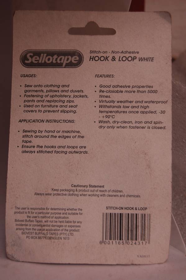 A PAIR (2) -SELLOTAPE HOOK AND LOOP LABEL TAPE. IT NEEDS TO BE SEWN 0N IT IS NOT SELF ADHESIVE.
