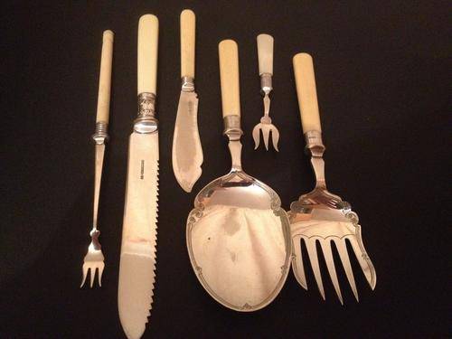 An amazing lot of Ivory and bone cutlery implements with silver rims