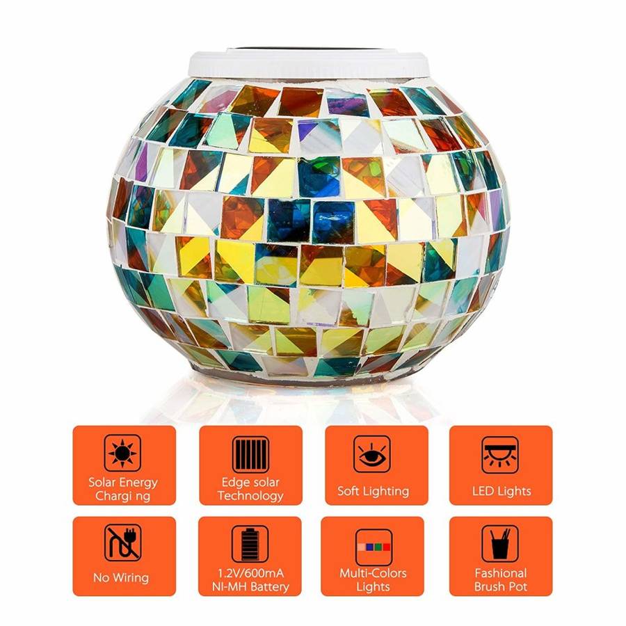 Solar Color Changing Light Mosaic Glass Table Lamps Yard Patio Halloween Christmas Decorations, Gift