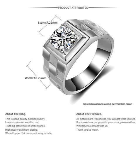 Luxury 1.5ct Diamond Ring Men Silver Wedding Full Zircon Ring For Men Rhinestone Jewelry