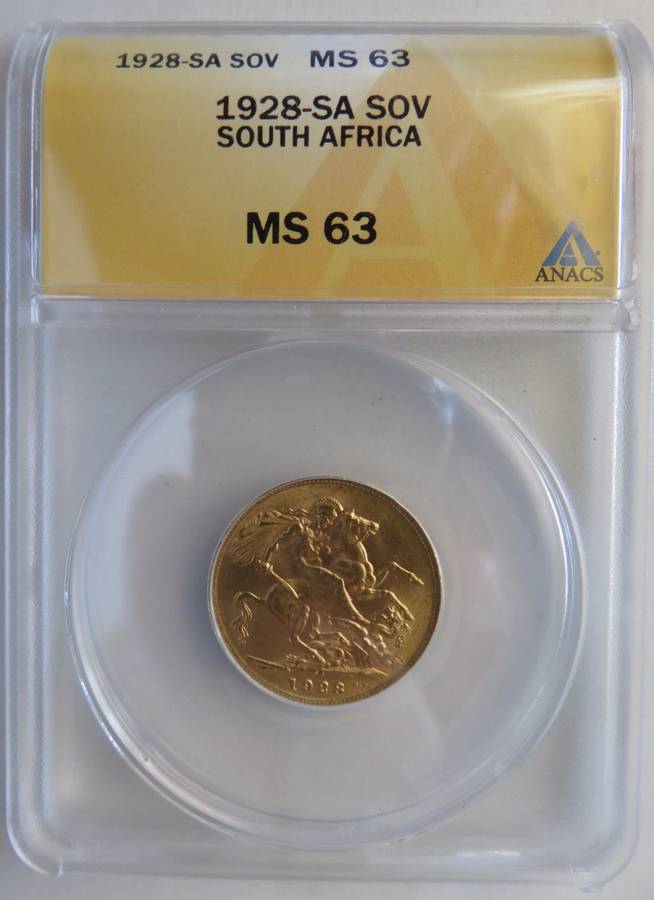 1928 SA Gold Full Sovereign ANACS MS63
