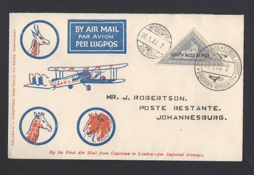 SWA First Flight Cover Windhoek Kimberley on illustrated cover - Superb!