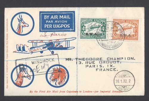 SWA 1931 Special airmail cover Windhoek - Kimberley - Paris - Scarce!