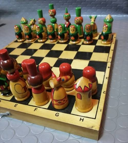 Highly Collectable!!! Handmade/painted Russian Doll Wooden Chess Set