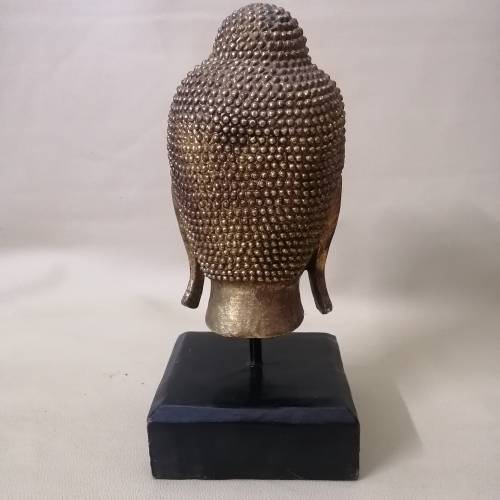 Handcrafted Solid Wood Gold Color Serene Peaceful Meditate Buddha Head On Stand