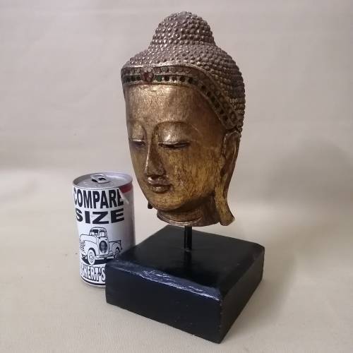 Handcrafted Solid Wood Gold Color Serene Peaceful Meditate Buddha Head On Stand