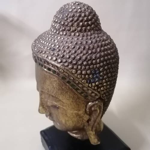 Handcrafted Solid Wood Gold Color Serene Peaceful Meditate Buddha Head On Stand