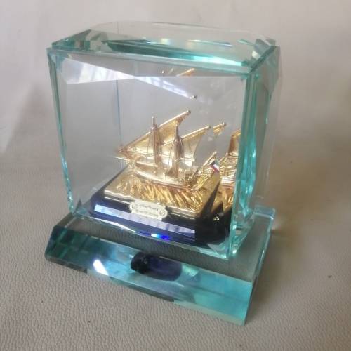 Golden Kuwaiti Arab Boom Boat Encased in Thick Heavy Crystal, Centerpiece