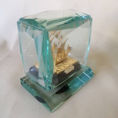 Golden Kuwaiti Arab Boom Boat Encased in Thick Heavy Crystal, Centerpiece