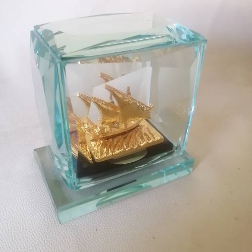 Golden Kuwaiti Arab Boom Boat Encased in Thick Heavy Crystal, Centerpiece