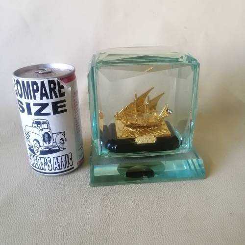 Golden Kuwaiti Arab Boom Boat Encased in Thick Heavy Crystal, Centerpiece