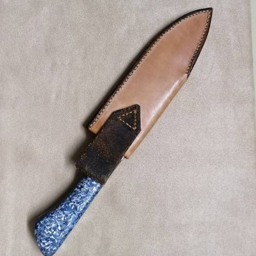 MAGNIFICENT HAND FORGED KNIFE WITH LEATHER SHEATH 320MM LONG