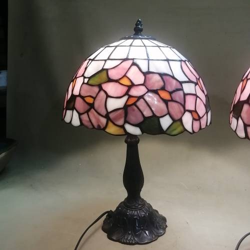TWO MAGNIFICENT TIFFANY STYLE STAINED LEAD GLASS TABLE LAMPS