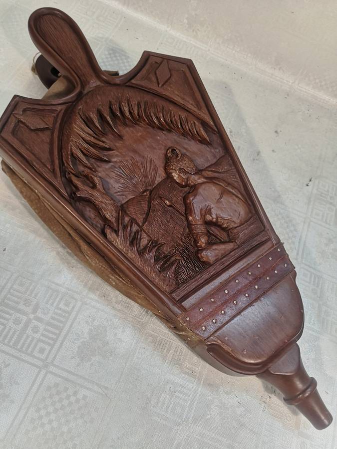Antique 19th C Large (580mm long) Fireside Carved Wood & Leather Fire Bellows