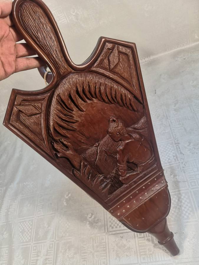 Antique 19th C Large (580mm long) Fireside Carved Wood & Leather Fire Bellows