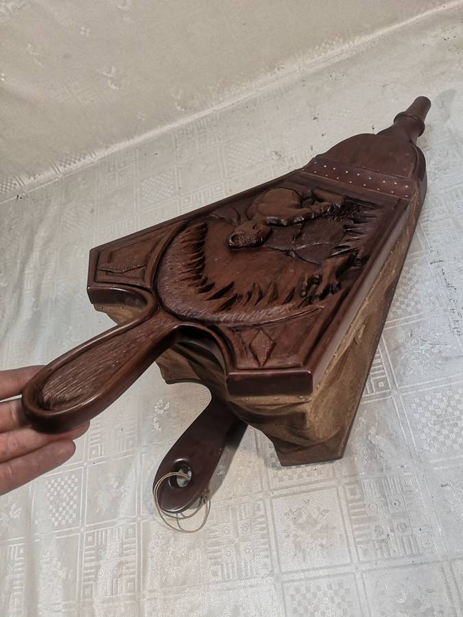 Antique 19th C Large (580mm long) Fireside Carved Wood & Leather Fire Bellows
