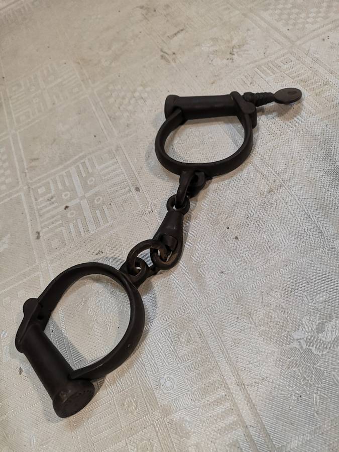 Rare pair of antique circa 1840, British, iron Hiatt Victorian handcuffs - Complete working