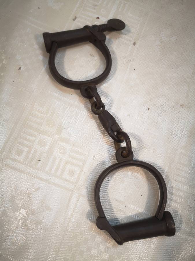Rare pair of antique circa 1840, British, iron Hiatt Victorian handcuffs - Complete working
